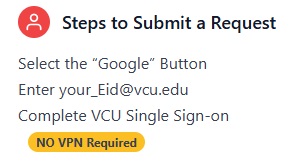 JPEG image highlight steps to submit, 1) Select Google Button, 2)Enter eID@vcu.edu, Step3 Complete VCU Single Sign on - No VPN Required